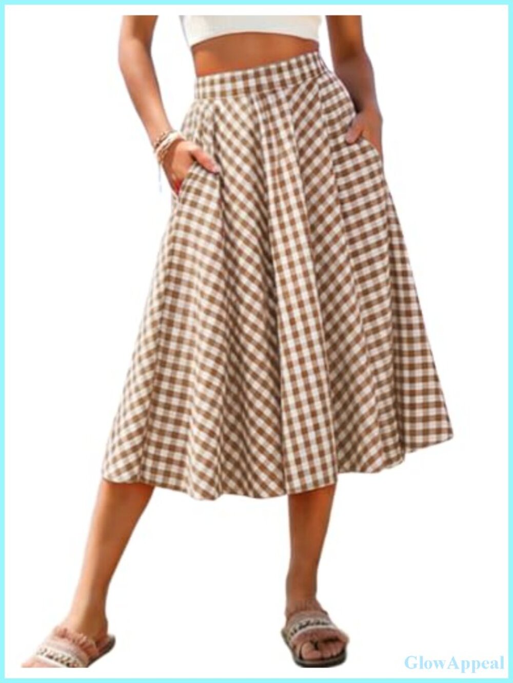 Women's Gingham Plaid Midi Skirt High Waist Boho Pleated Flowy with Pockets